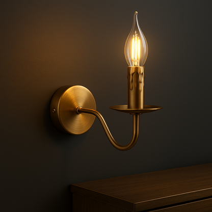 Antique Brass Wall Light | Single Arm Candle-Style Sconce with White Pleated Fabric Shade