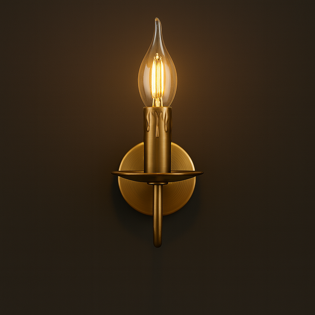 Antique Brass Wall Light | Single Arm Candle-Style Sconce with White Pleated Fabric Shade