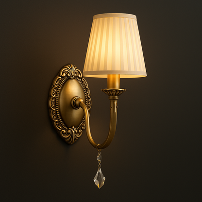 Antique Brass Wall Light | Classic Curved Arm Sconce with Pleated Fabric Shade and Crystal Pendant