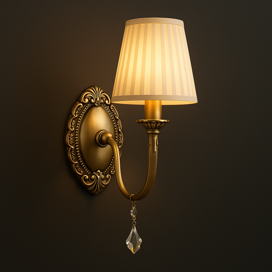 Antique Brass Wall Light | Classic Curved Arm Sconce with Pleated Fabric Shade and Crystal Pendant