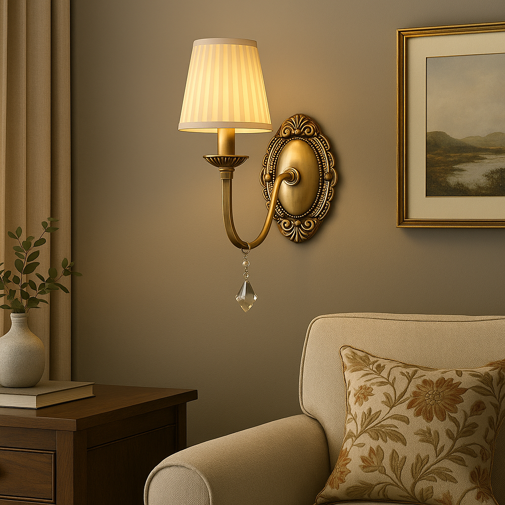 Antique Brass Wall Light | Classic Curved Arm Sconce with Pleated Fabric Shade and Crystal Pendant
