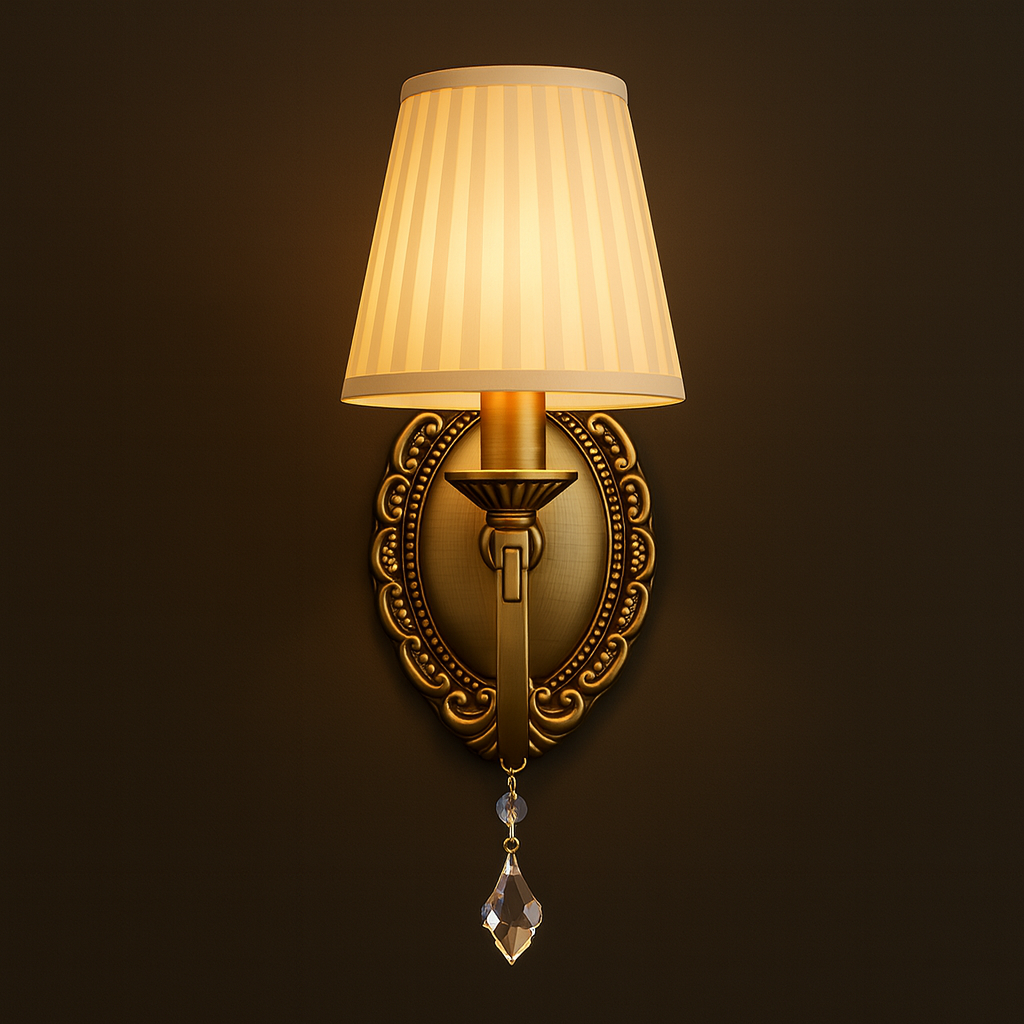 Antique Brass Wall Light | Classic Curved Arm Sconce with Pleated Fabric Shade and Crystal Pendant