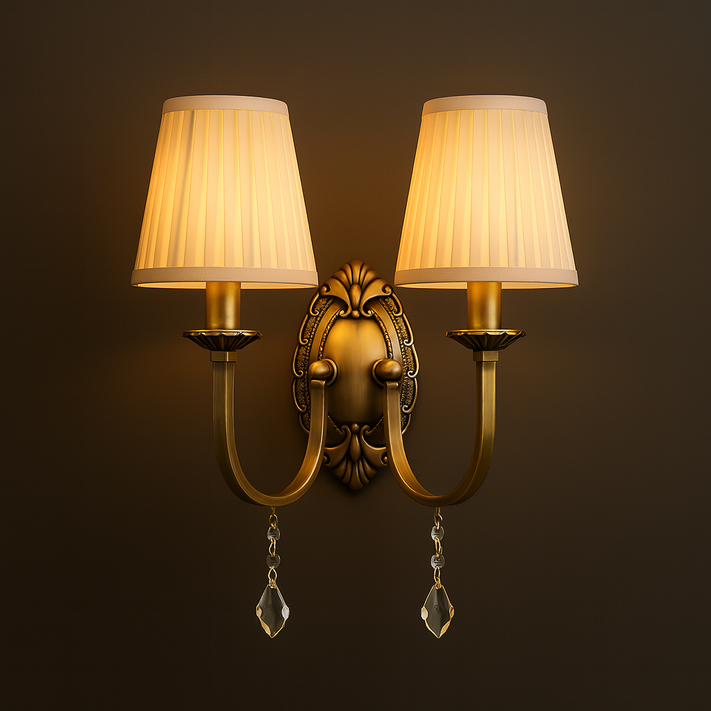 Antique Brass Wall Light | Classic Curved Arm Sconce with Pleated Fabric Shade and Crystal Pendant