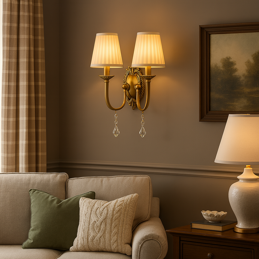 Antique Brass Wall Light | Classic Curved Arm Sconce with Pleated Fabric Shade and Crystal Pendant