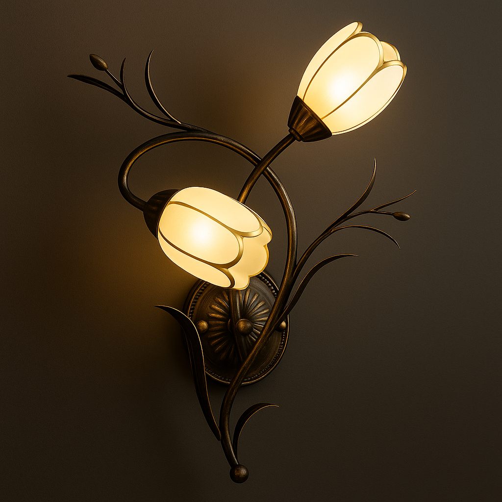 Antique Brass Wall Light | Two Flower-Shaped Glass Shades on Curved Branch Frame