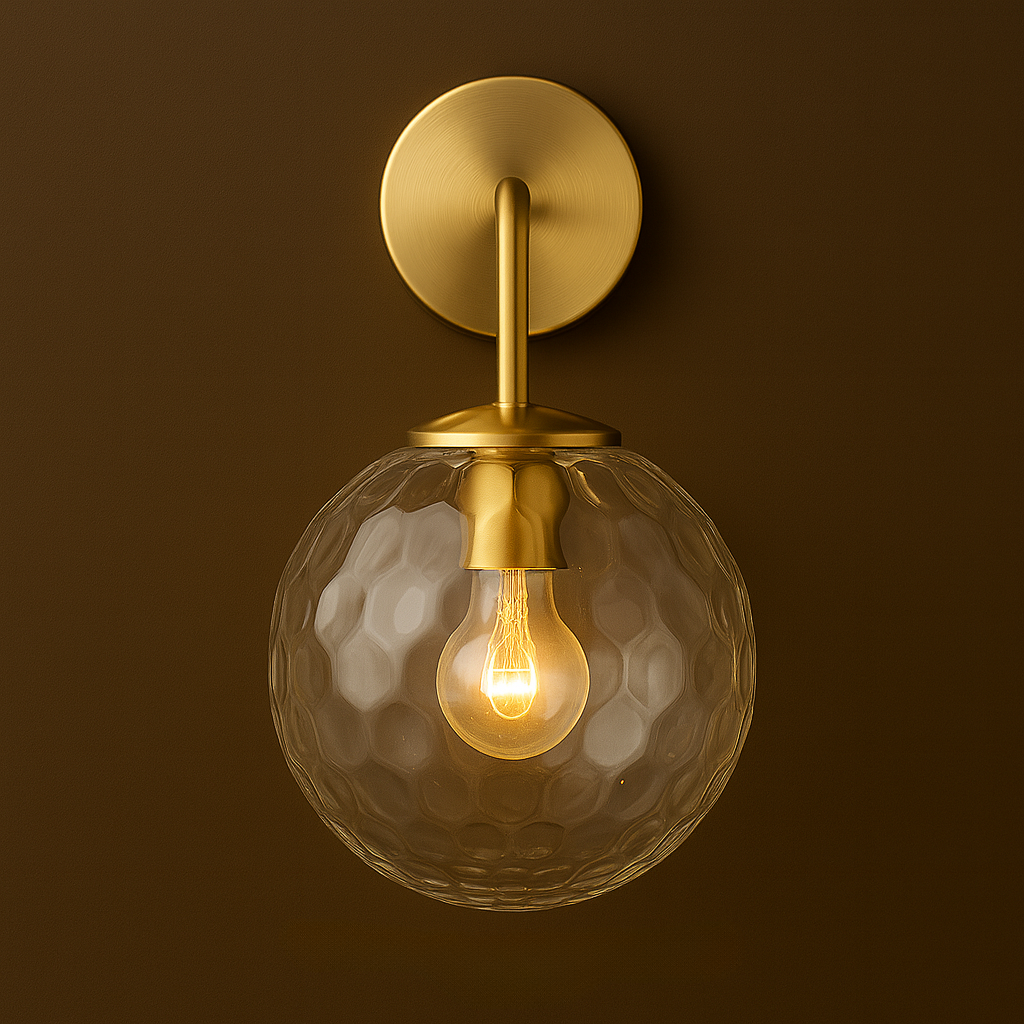 Brass Wall Light | Round Base Sconce with White Textured Fabric Shade