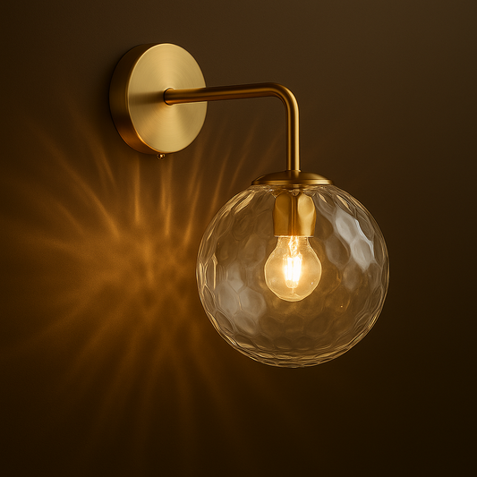 Brass Wall Light | Round Base Sconce with White Textured Fabric Shade