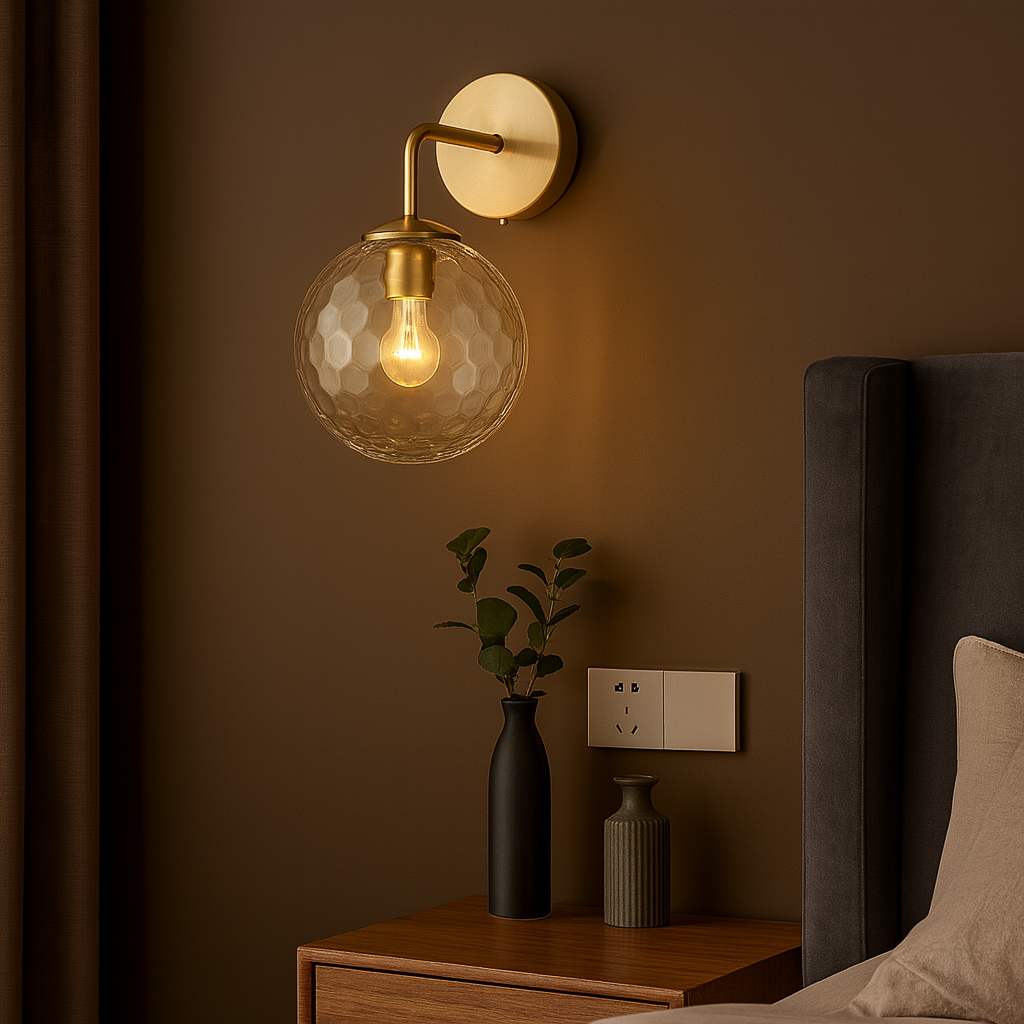 Brass Wall Light | Round Base Sconce with White Textured Fabric Shade