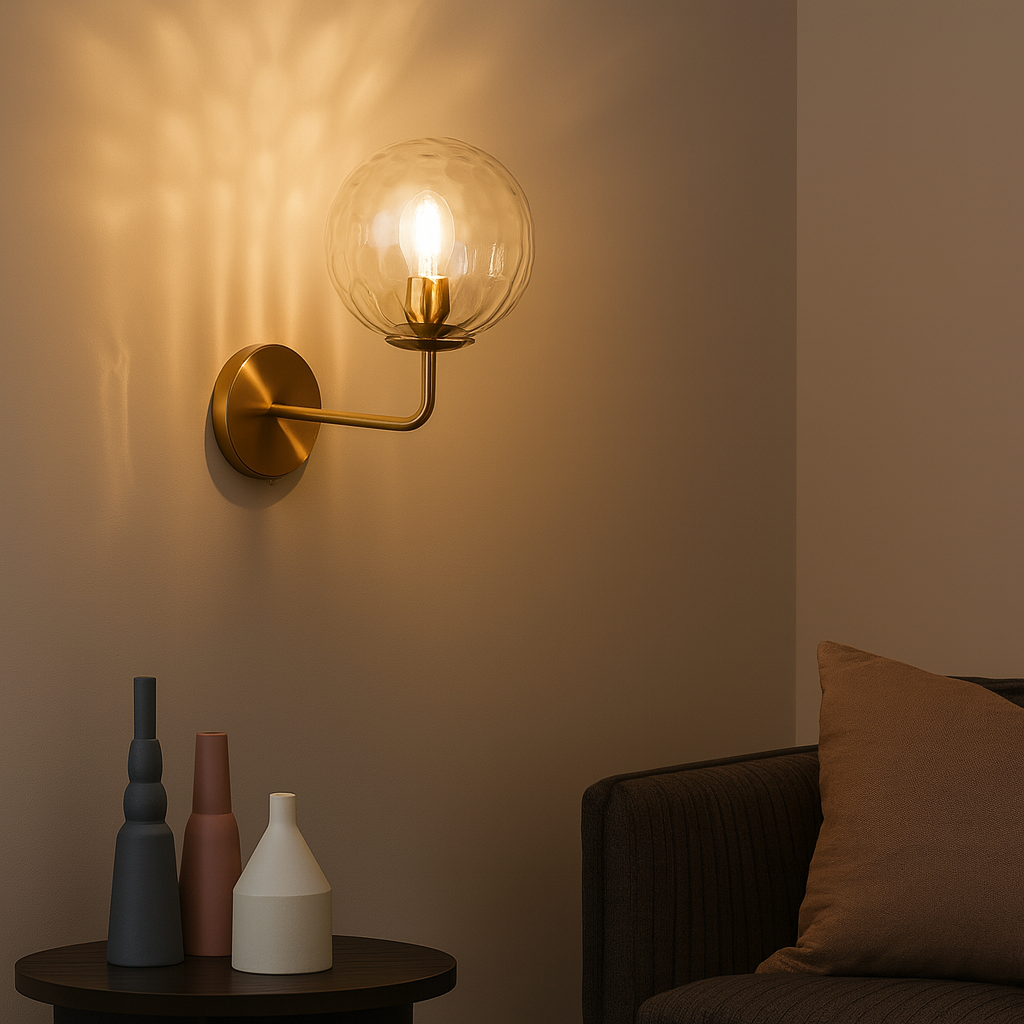 Brass Wall Light | Round Base Sconce with White Textured Fabric Shade