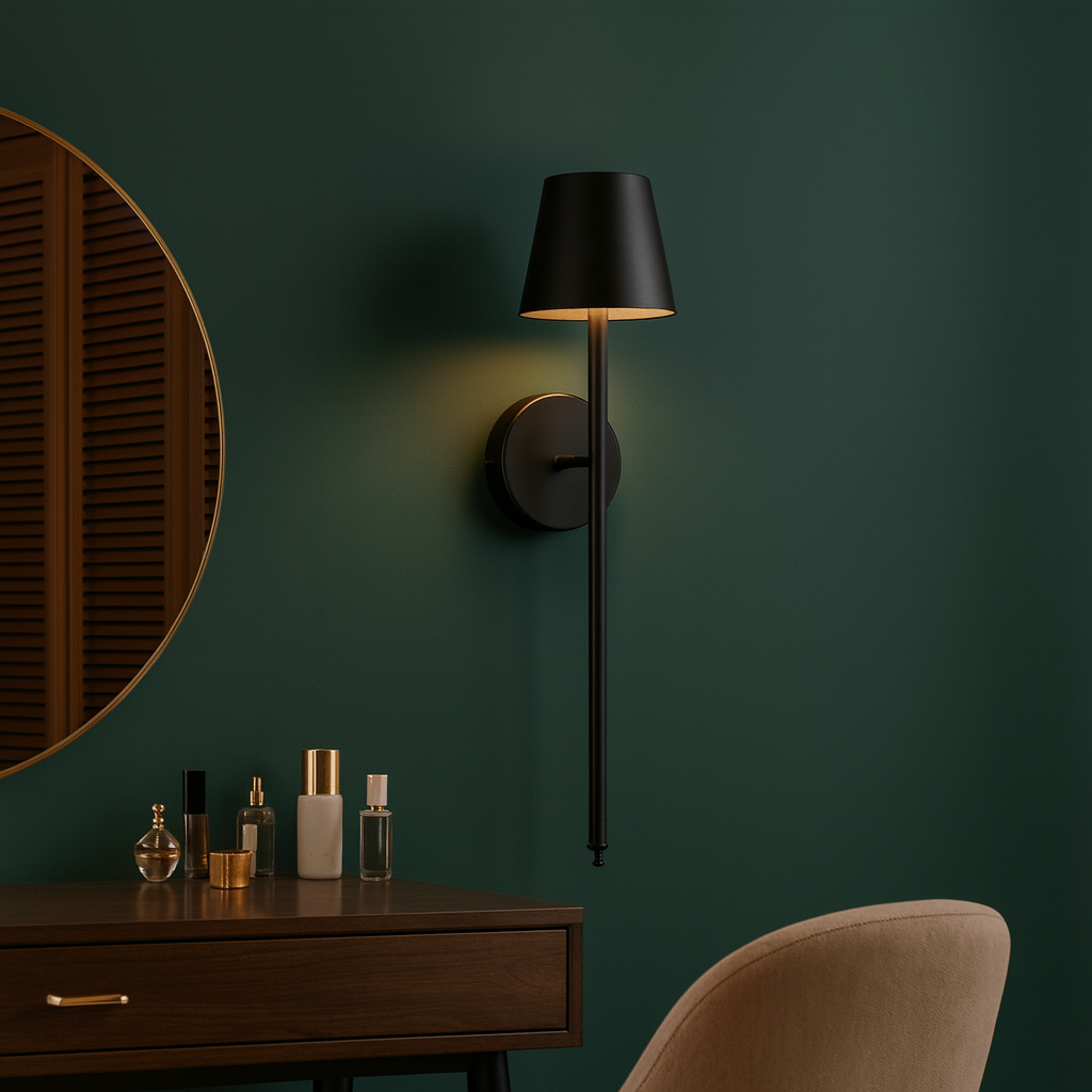 Rechargeable Wall Light | Black Metal Sconce with Tapered Shade and Touch Control on Top