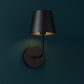 Rechargeable Wall Light | Matte Black Metal Sconce with Long Rod and Tapered Fabric Shade
