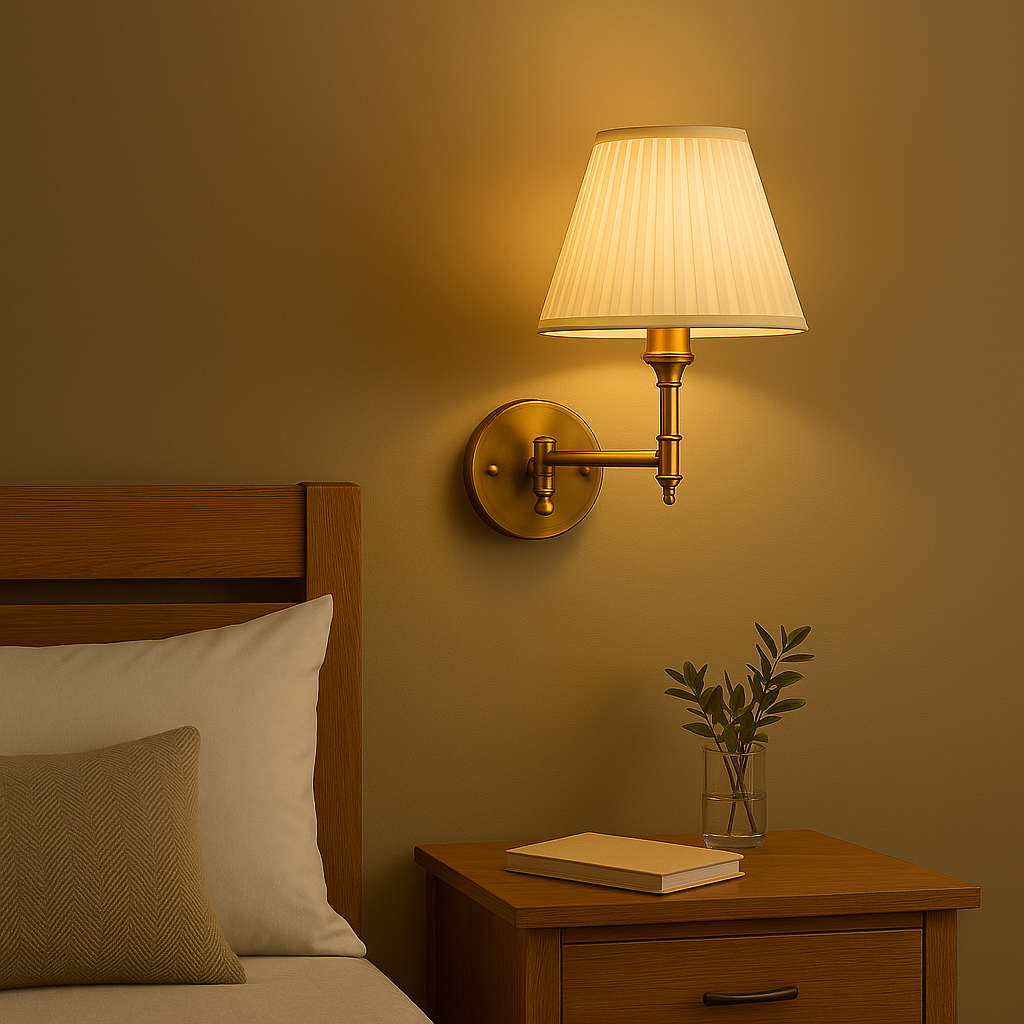Rechargeable Wall Light | Antique Brass Swing Arm Sconce with Adjustable Pleated Fabric Shade