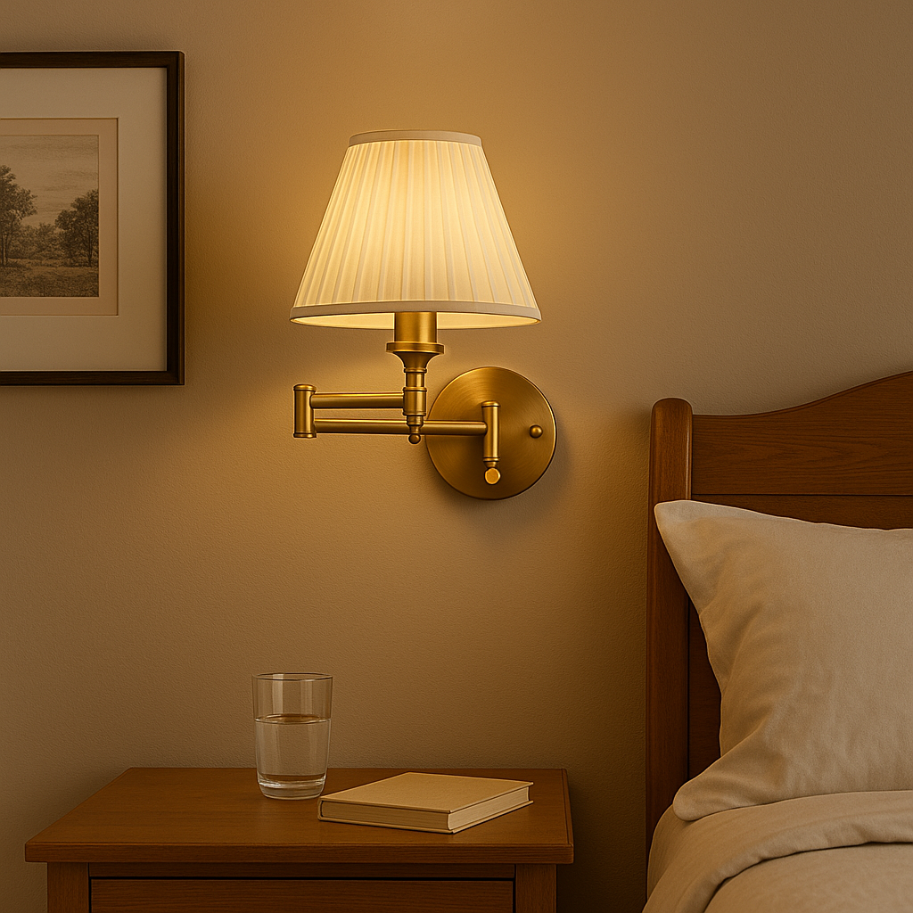 Rechargeable Wall Light | Antique Brass Swing Arm Sconce with Adjustable Pleated Fabric Shade