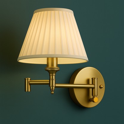 Rechargeable Wall Light | Antique Brass Swing Arm Sconce with Adjustable Pleated Fabric Shade
