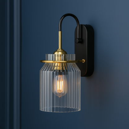 Antique Brass Wall Light | Industrial Ribbed Glass Sconce with Black Backplate
