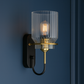 Antique Brass Wall Light | Industrial Ribbed Glass Sconce with Black Backplate