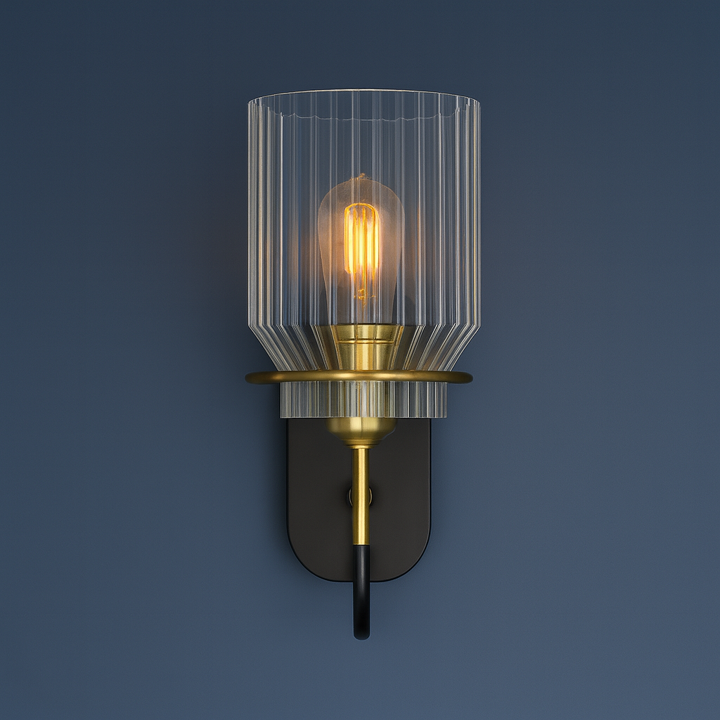 Antique Brass Wall Light | Industrial Ribbed Glass Sconce with Black Backplate