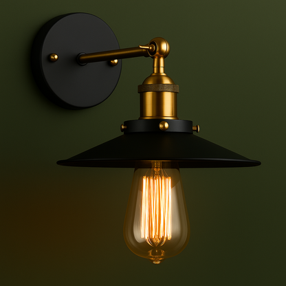 Industrial Wall Light | Adjustable Black and Antique Brass Sconce with Metal Shade