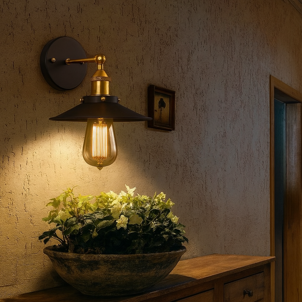 Industrial Wall Light | Adjustable Black and Antique Brass Sconce with Metal Shade