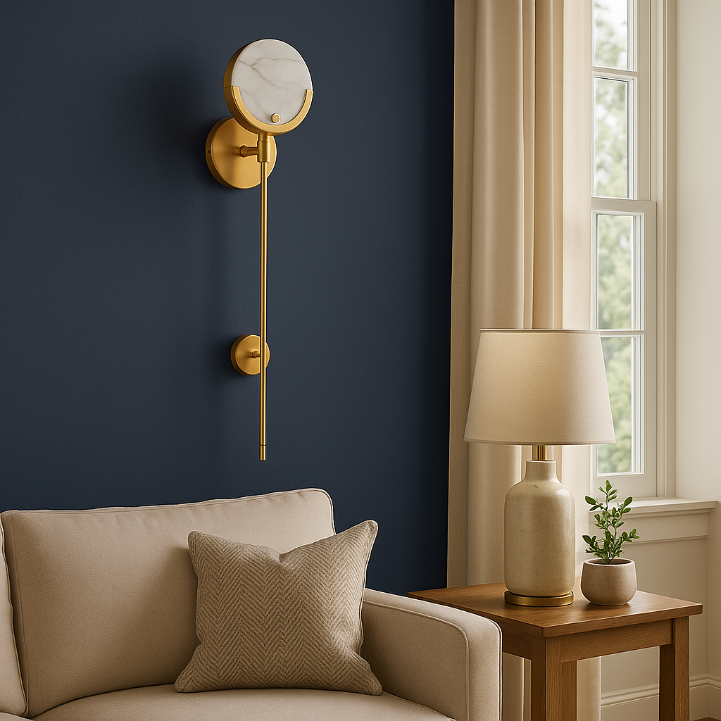 Modern Luxury Wall Light | Brass Sconce with Spanish Marble Moon Disc