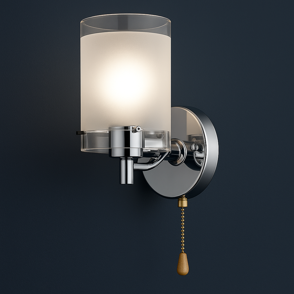 Modern Wall Light | Chrome Sconce with Frosted Glass Shade and Pull Switch