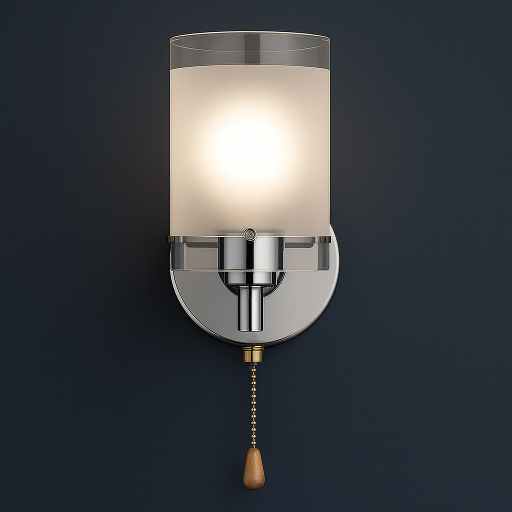 Modern Wall Light | Chrome Sconce with Frosted Glass Shade and Pull Switch