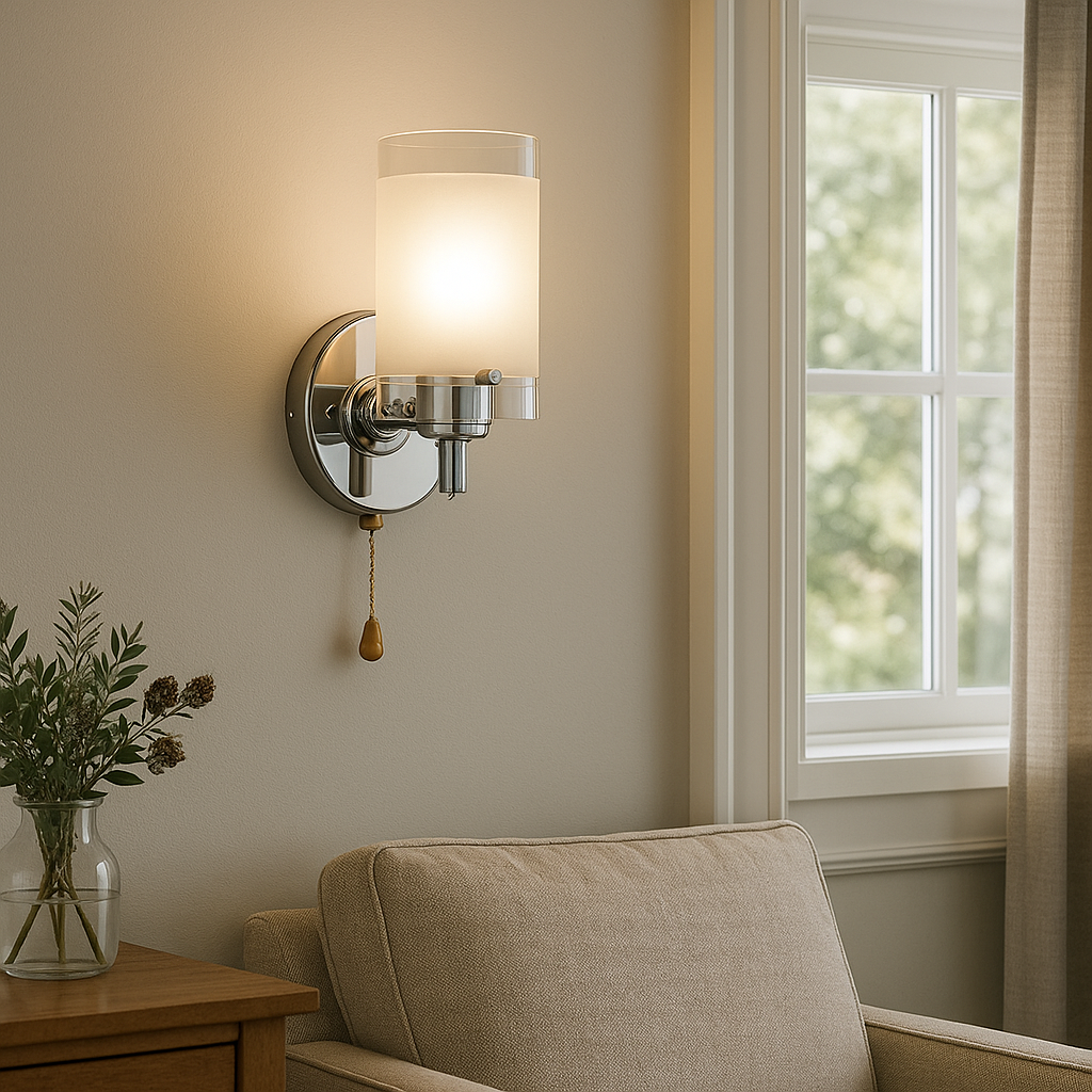 Modern Wall Light | Chrome Sconce with Frosted Glass Shade and Pull Switch