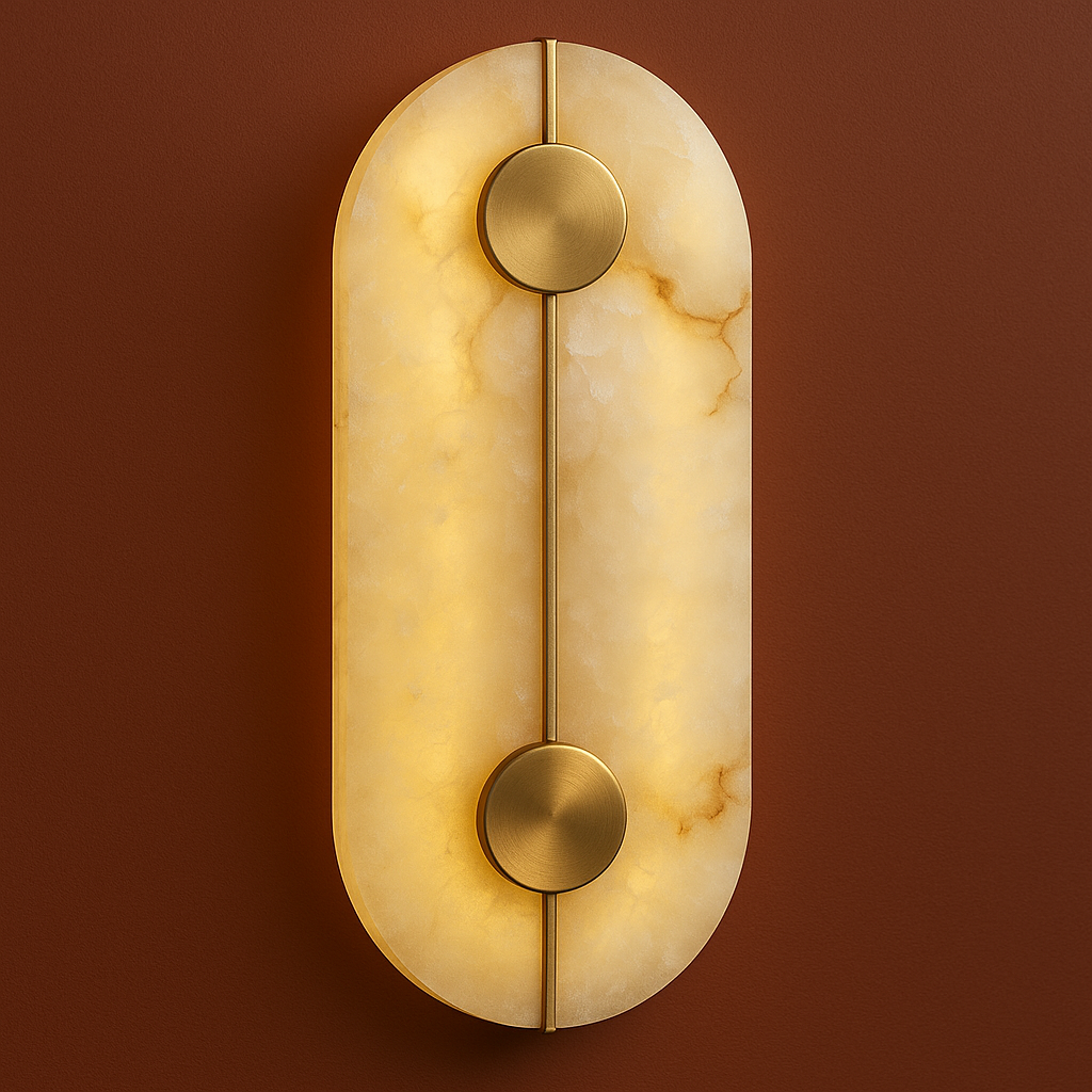 Art Deco Wall Light | Natural Marble Sconce with Antique Brass Finish and Warm LED Glow