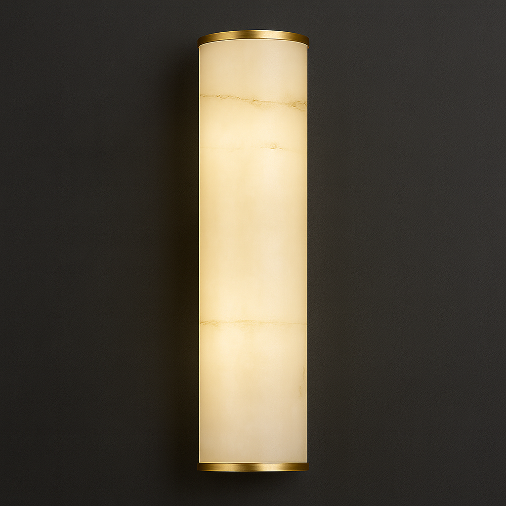 Art Deco Wall Light | Slim Cylindrical Natural Stone Sconce with Brass Finish