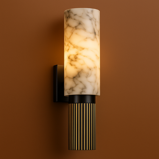 Art Deco Wall Light | Cylindrical Natural Marble Shade with Antique Brass-Finish Ribbed Base