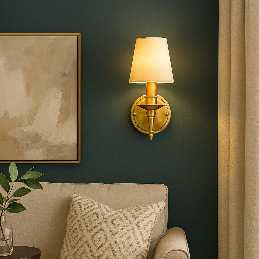 Brass Wall Light | Copper Sconce with White Fabric Shade