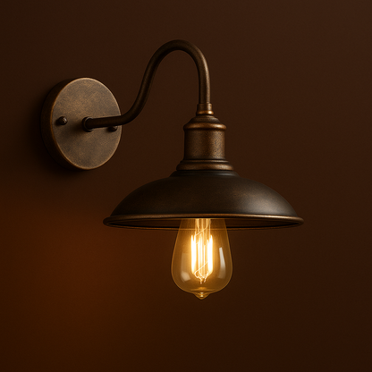 Industrial Wall Light | Bronze Vintage Sconce with Curved Arm and Metal Shade
