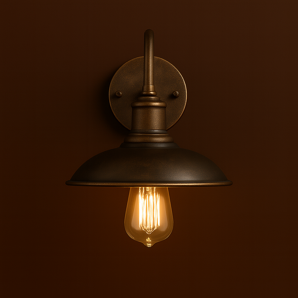 Industrial Wall Light | Bronze Vintage Sconce with Curved Arm and Metal Shade