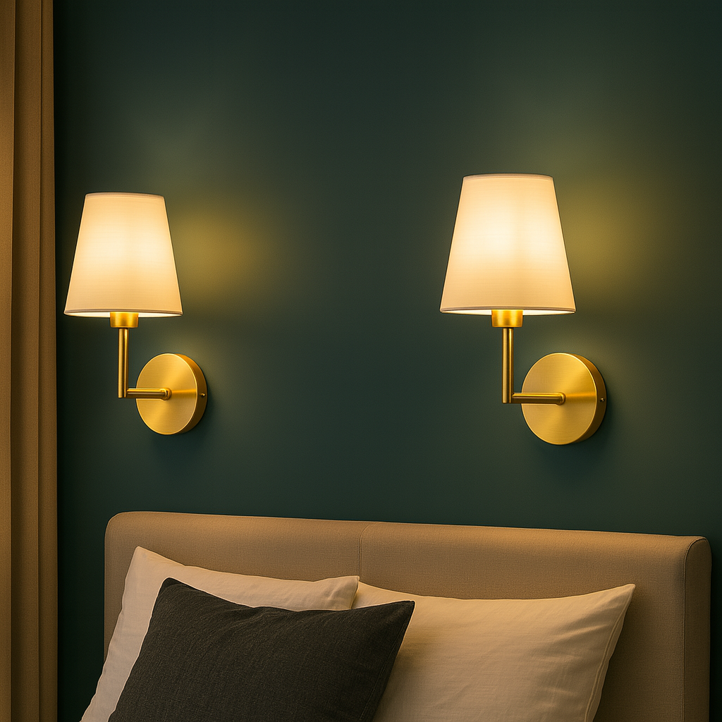 Rechargeable Wall Light | Slim Sconce with Cylindrical Arm and Tapered Fabric Shade