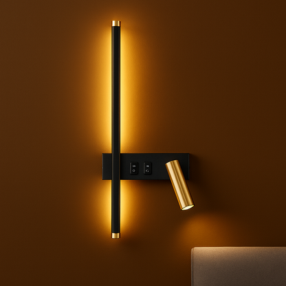 LED Wall Light | Vertical Matte Black & Gold Sconce with Adjustable Spotlight