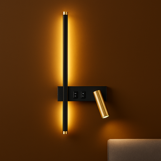 LED Wall Light | Vertical Matte Black & Gold Sconce with Adjustable Spotlight