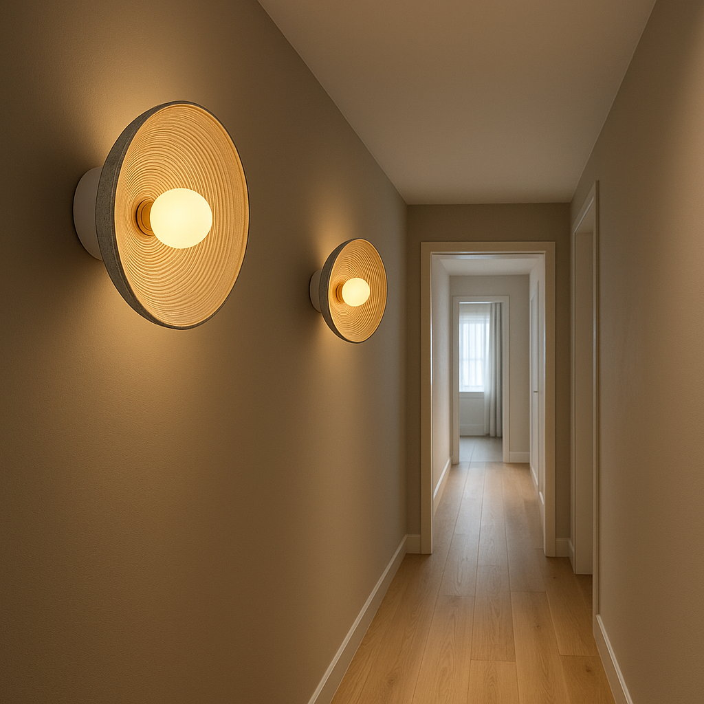 Modern Wall Light | Round Textured Resin Disc Sconce with Central Frosted Glass Globe