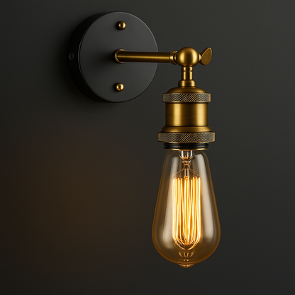 Antique Brass Wall Light | Adjustable Exposed Bulb Sconce with Black Round Wall Plate