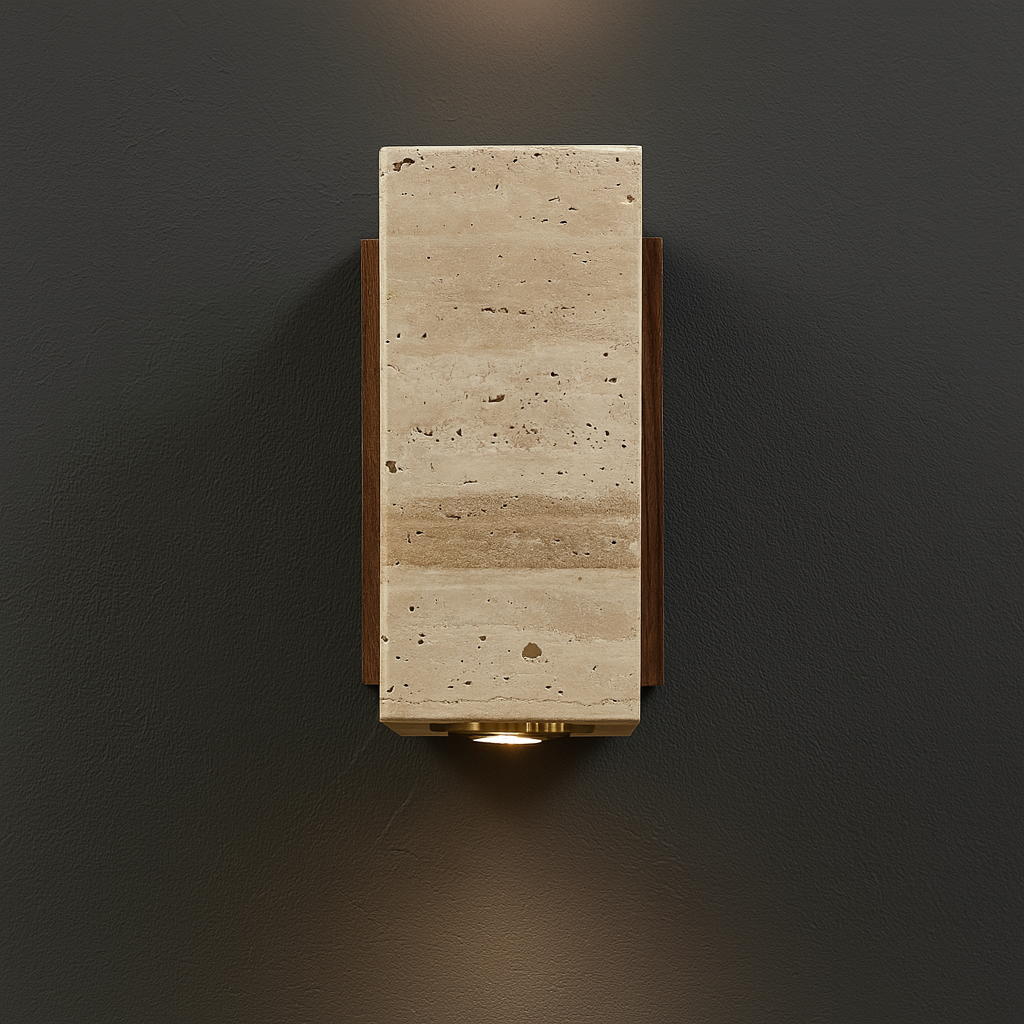 Contemporary Wall Light | Travertine Cylinder or Square Shade with Solid Wood Base