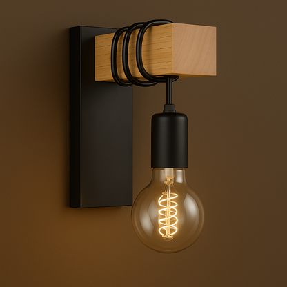 Contemporary Wall Light | Wood & Metal Sconce with Spiral LED Bulb