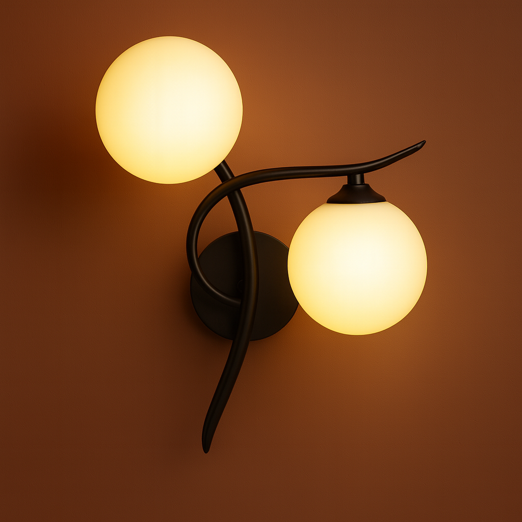 Brass Wall Light | Double Globe Modern Curved Design with Frosted Glass Spheres
