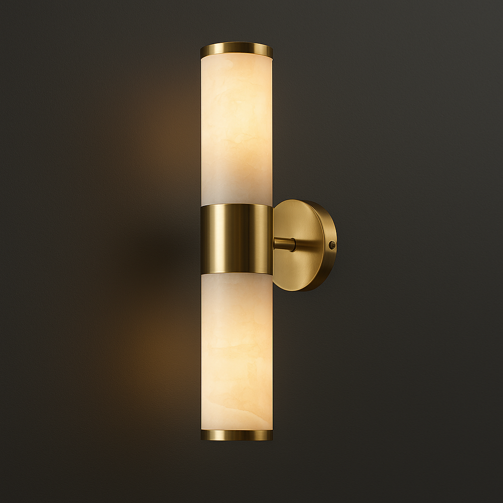 Brass Wall Light | Vertical Cylinder Sconce in Brass & Marble