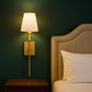 Brass Wall Light | Classic Long-Arm Sconce with Tapered Fabric Shade