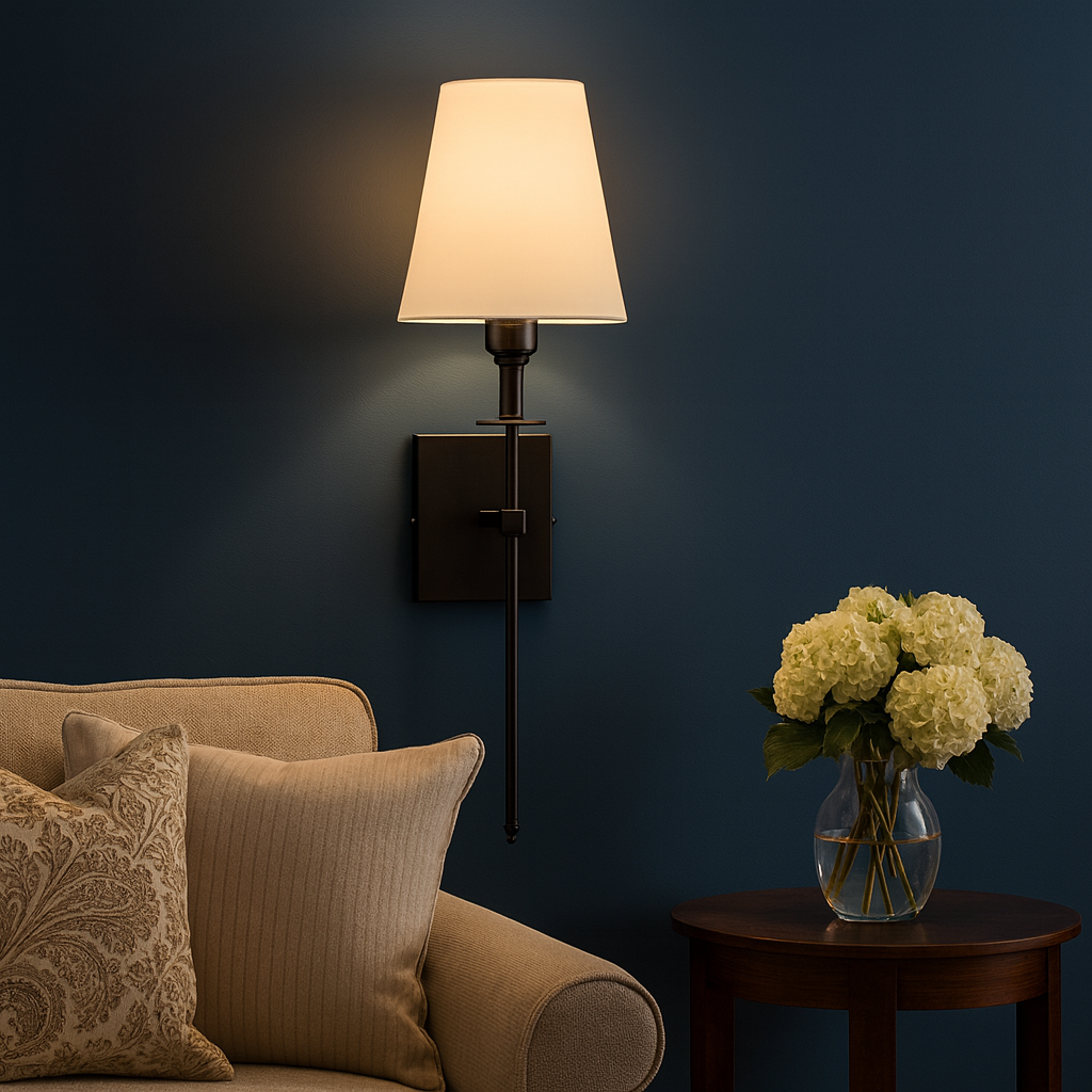 Brass Wall Light | Classic Long-Arm Sconce with Tapered Fabric Shade