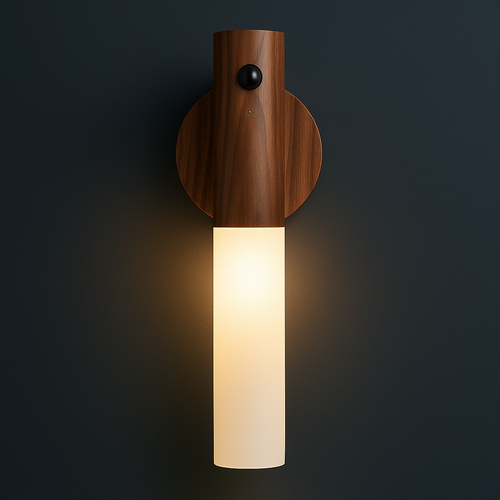 Stick-on Wall Light | Motion Sensor Wood Sconce with Frosted Glass Tube