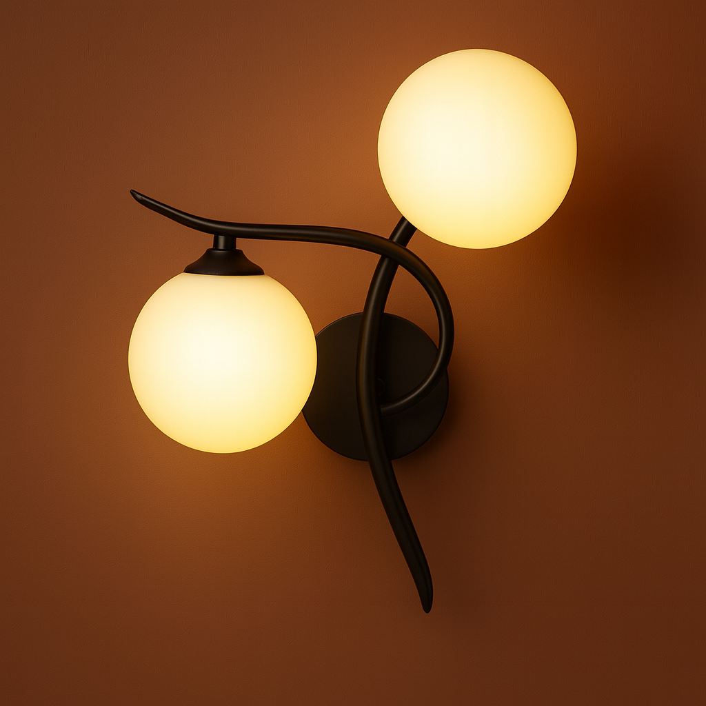 Brass Wall Light | Double Globe Modern Curved Design with Frosted Glass Spheres
