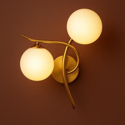 Brass Wall Light | Double Globe Modern Curved Design with Frosted Glass Spheres