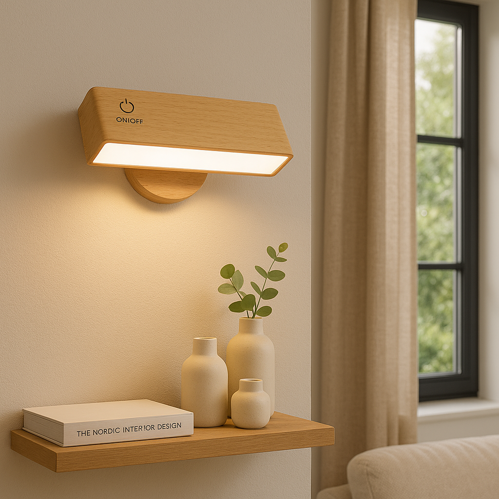 Stick-On Rechargeable Wall Light | Rotating Wooden LED Sconce