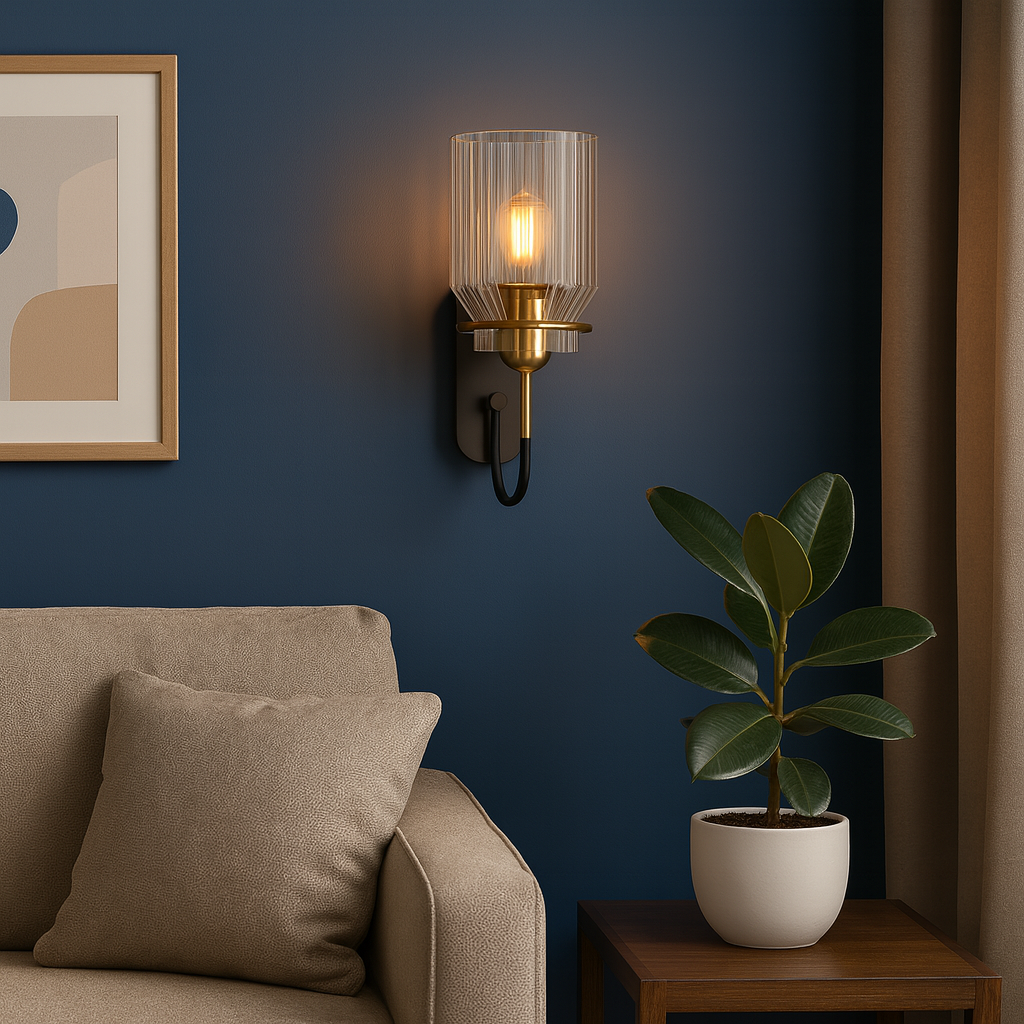 Antique Brass Wall Light | Industrial Ribbed Glass Sconce with Black Backplate