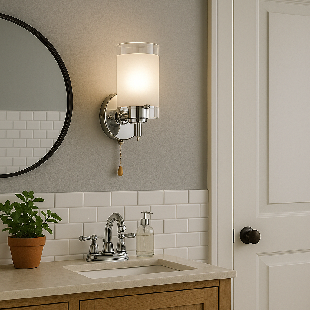 Modern Wall Light | Chrome Sconce with Frosted Glass Shade and Pull Switch